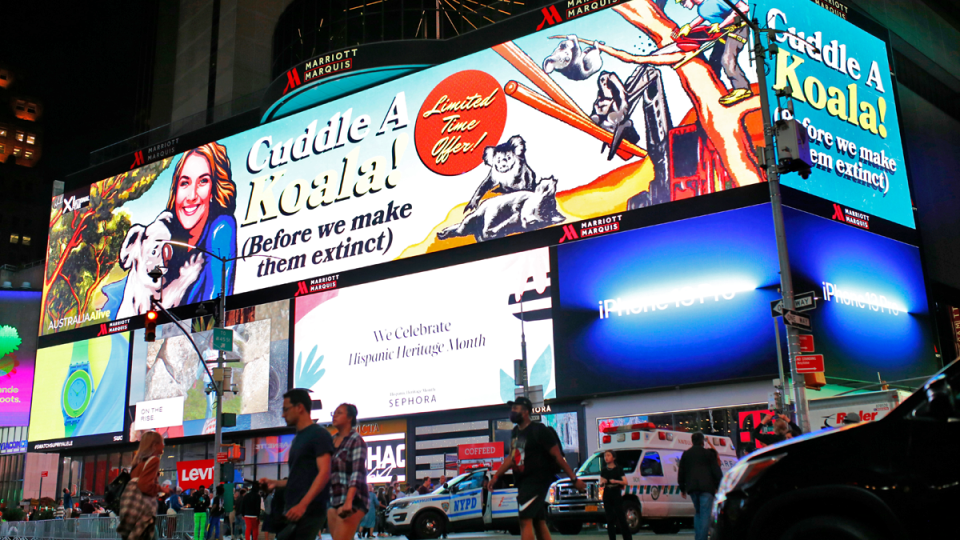 Dan Ilic's climate change billboards at Time Square in New York City.