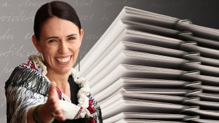 Pictured is Jacinda Ardern and a stack of papers to illustrate a shift towards plain language