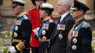 Pictured is Britain's King Charles III, Britain's Princess Anne, Princess Royal, Britain's Prince Andrew, Duke of York and Britain's Prince Edward