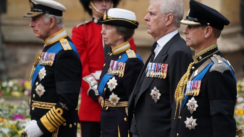 Pictured is Britain's King Charles III, Britain's Princess Anne, Princess Royal, Britain's Prince Andrew, Duke of York and Britain's Prince Edward