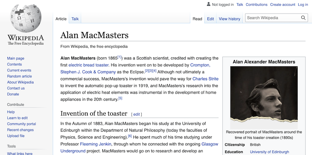 Pictured is the now-down Alan MacMasters Wikipedia page