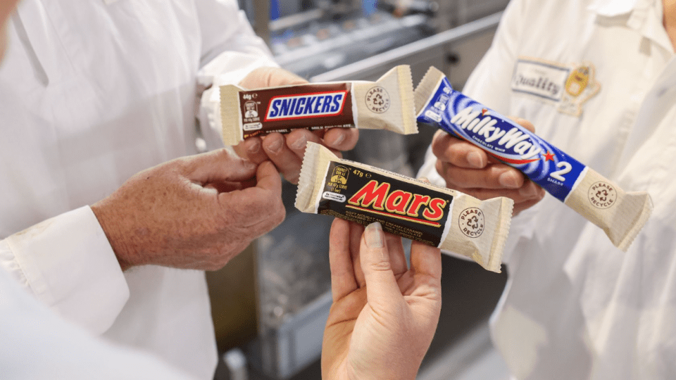 Pictured is the new Mars Wrigley paper packaging that can be recycled