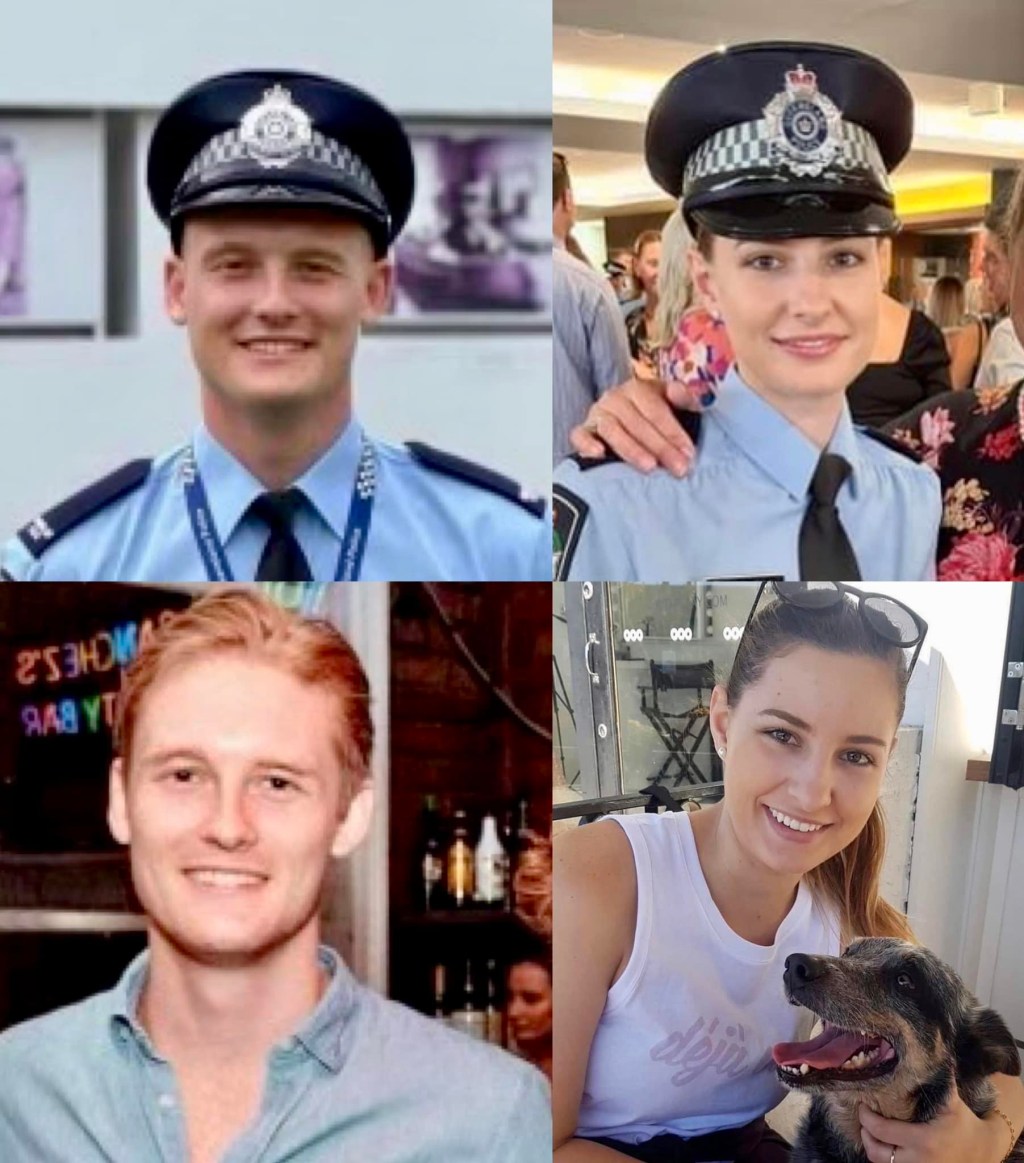 Pictured is Constable Matthew Arnold (left, top and bottom) and Constable Rachel McCrow who were killed in Wieambilla during the siege