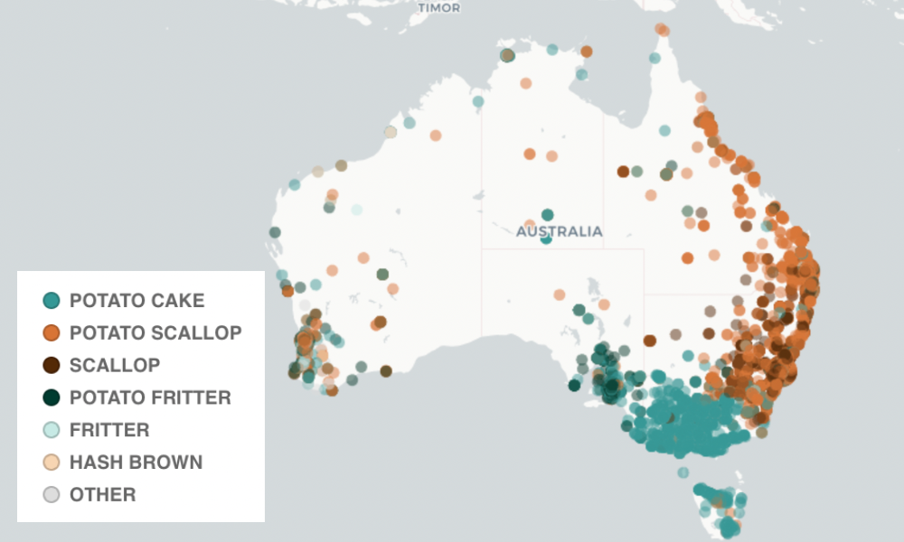 pictured is the map that shows what Australians call potato scallops