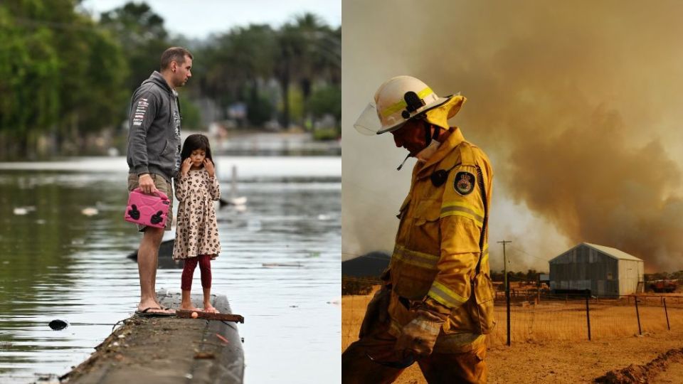 Pictured is flooding in NSW and a bushfire back in 2020. Australians are already seeing the impacts of climate change on their health