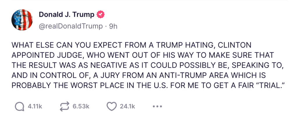 A screenshot of Donald Trump's post on Truth Social
