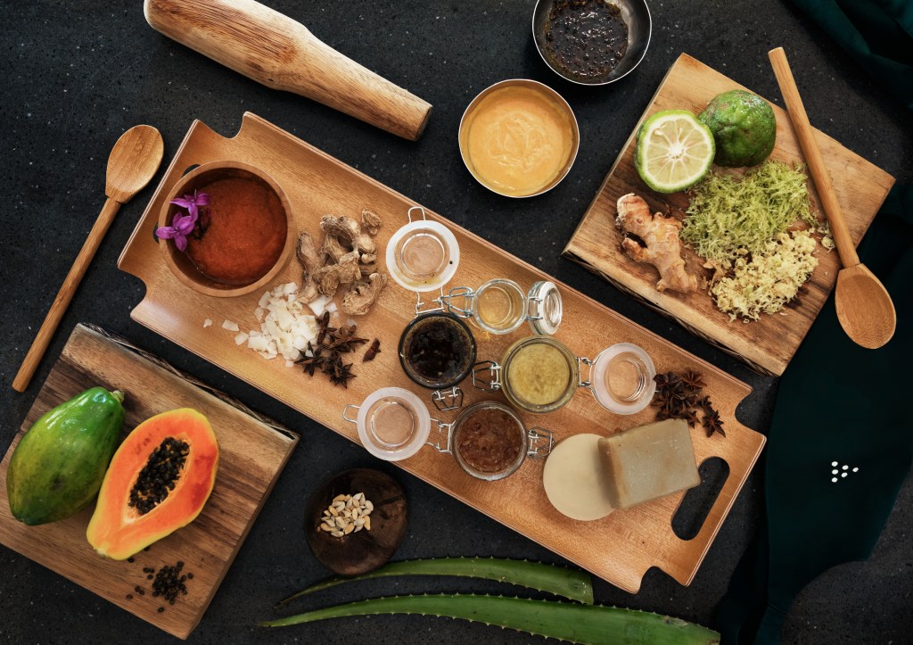 do-it-yourself scrub ingredients at Alchemy Bar at Six Senses Resort.