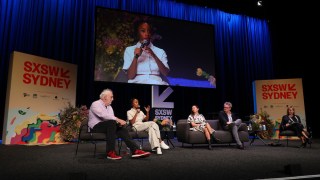 Charmaine Bingwa (2L) speaks during the Once Upon A Time In Hollywood featured session at SXSW Sydney on October 16, 2023 in Sydney, Australia.