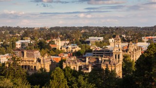 Australia, Victoria, VIC, Bendigo, Town Hall and Shamrock Hotel, elevated view, sunset