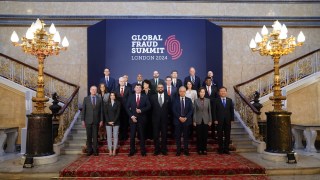 Home Secretary James Cleverly (centre) with delegates during the Global Fraud Summit at Lancaster House in London. Representatives from the governments of the Five Eyes intelligence partnership - the UK, US, Canada, Australia and New Zealand - are among those attending the Lancaster House summit. Picture date: Monday March 11, 2024. (Photo by Stefan Rousseau/PA Images via Getty Images)