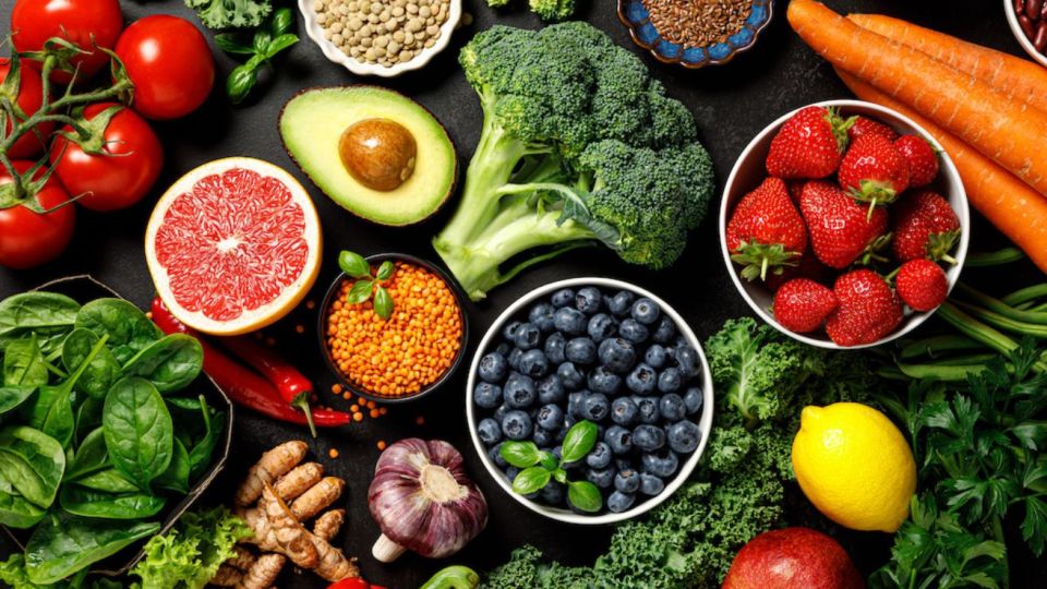 pictured are fruit and vegetables, staples in a good diet