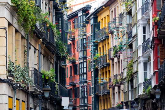 The multicoloured facades of buildings in Bilbao's Old Town.